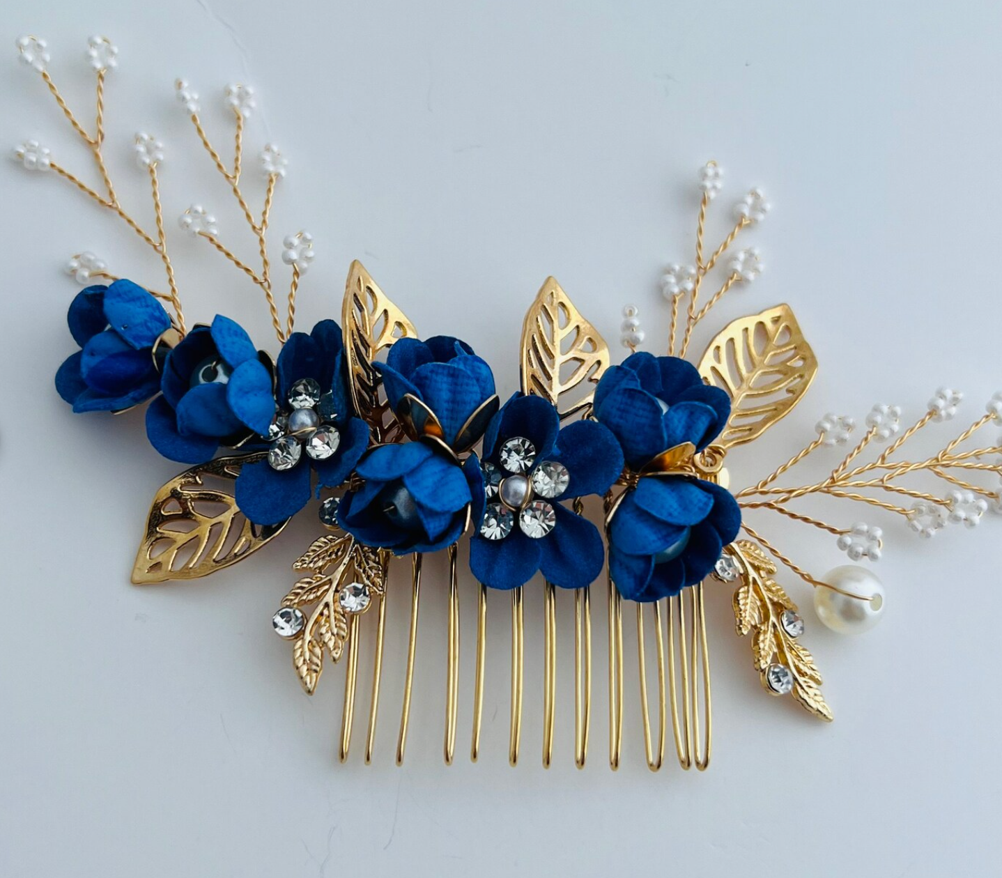 Royal Blue and Gold Bridal Hair Comb – Floral Wedding Hair Accessory, Blue Hairpiece for Bride, Something Blue Hair Comb