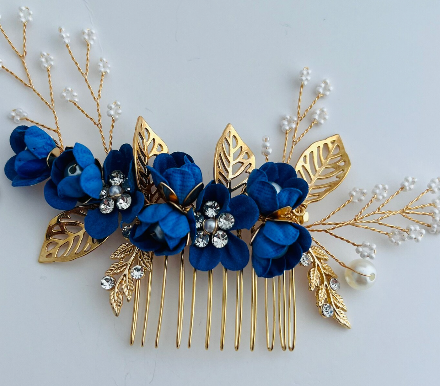 Royal Blue and Gold Bridal Hair Comb – Floral Wedding Hair Accessory, Blue Hairpiece for Bride, Something Blue Hair Comb