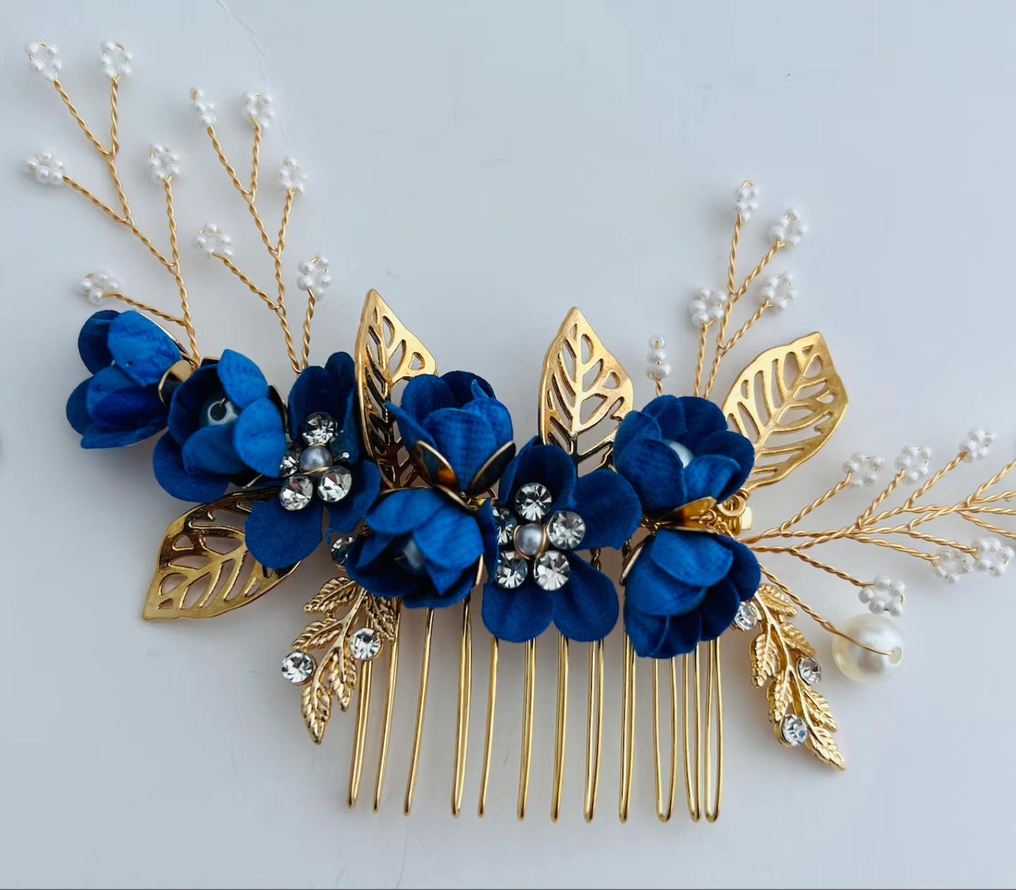 Royal Blue and Gold Bridal Hair Comb – Floral Wedding Hair Accessory, Blue Hairpiece for Bride, Something Blue Hair Comb